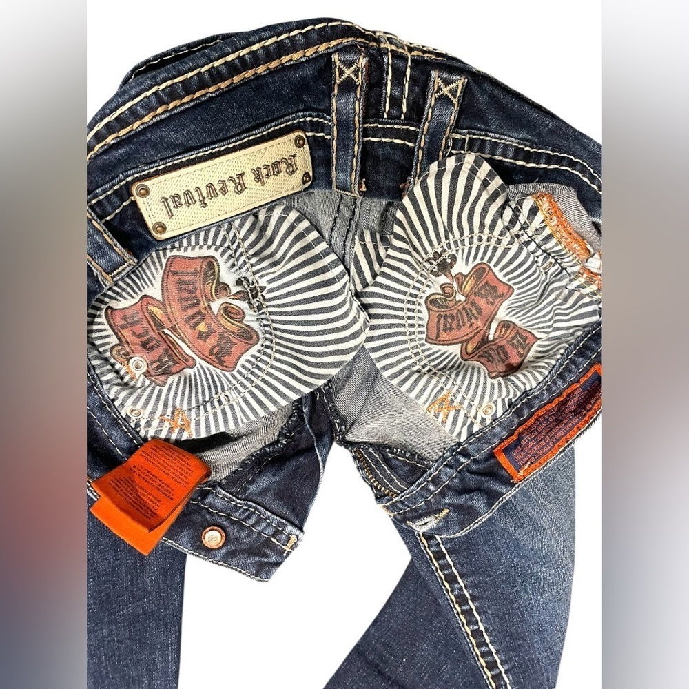 ROCK REVIVAL SHERRY BOOT Crystal Rhinestone Pocket Dark Blue Jeans EUC Size 27 - Picture 10 of 12
